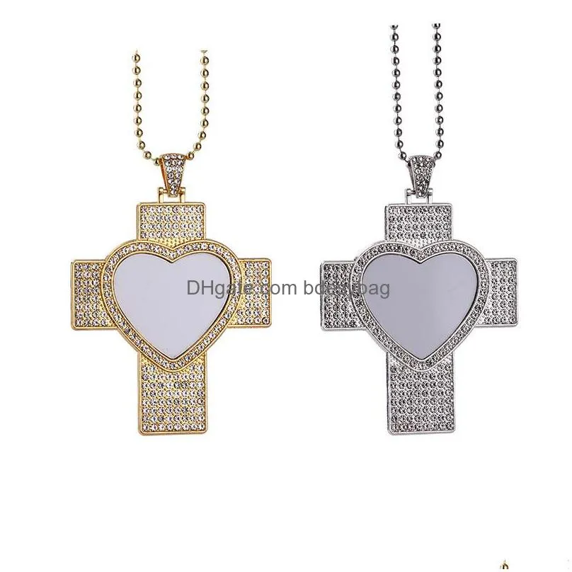 diy sublimation blank mens necklace designer jewelry heart necklace woman party photo frame silver cross wing square rhinestone pendant necklaces for women