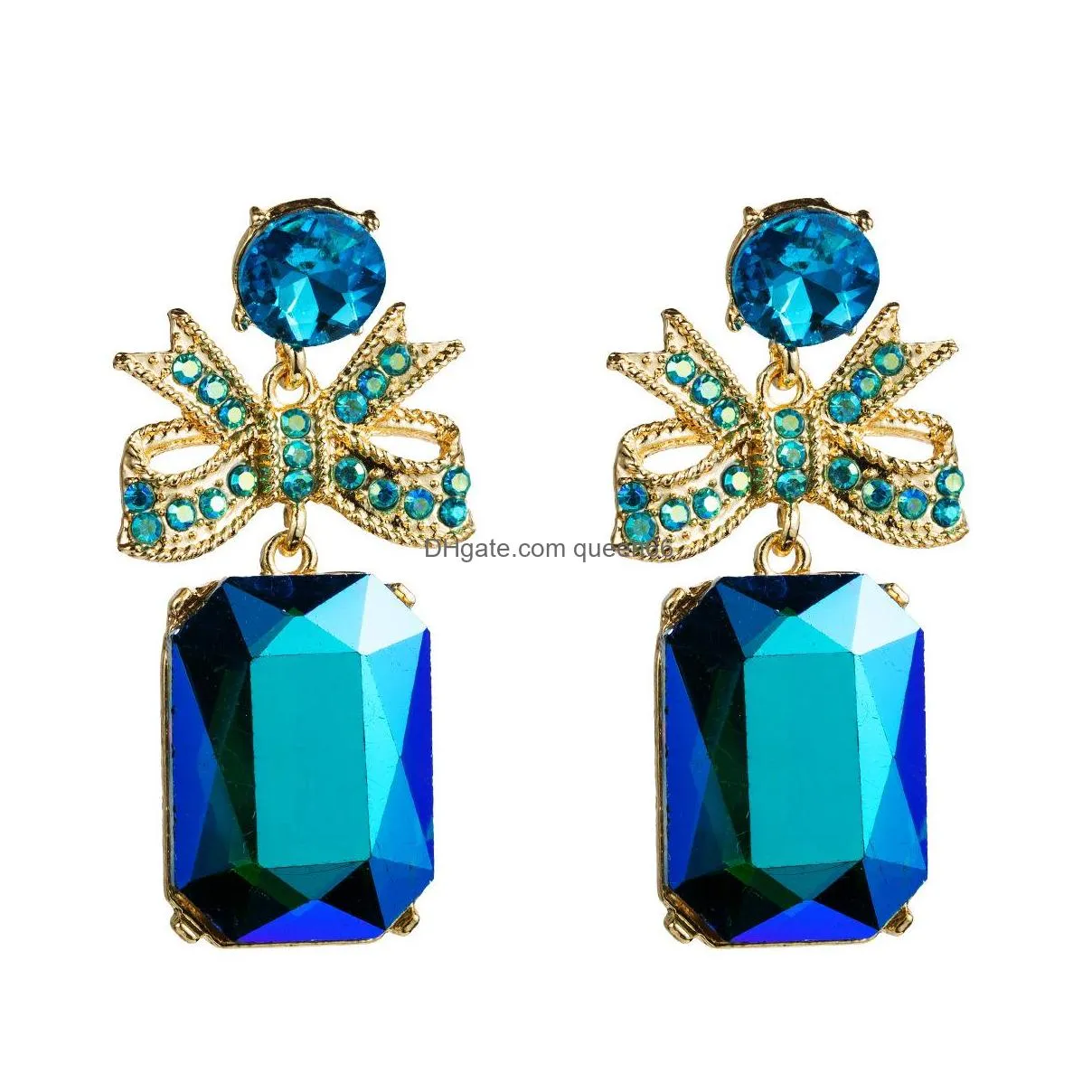 europe fashion stud earrings for women bowknot square crystal glass earrings