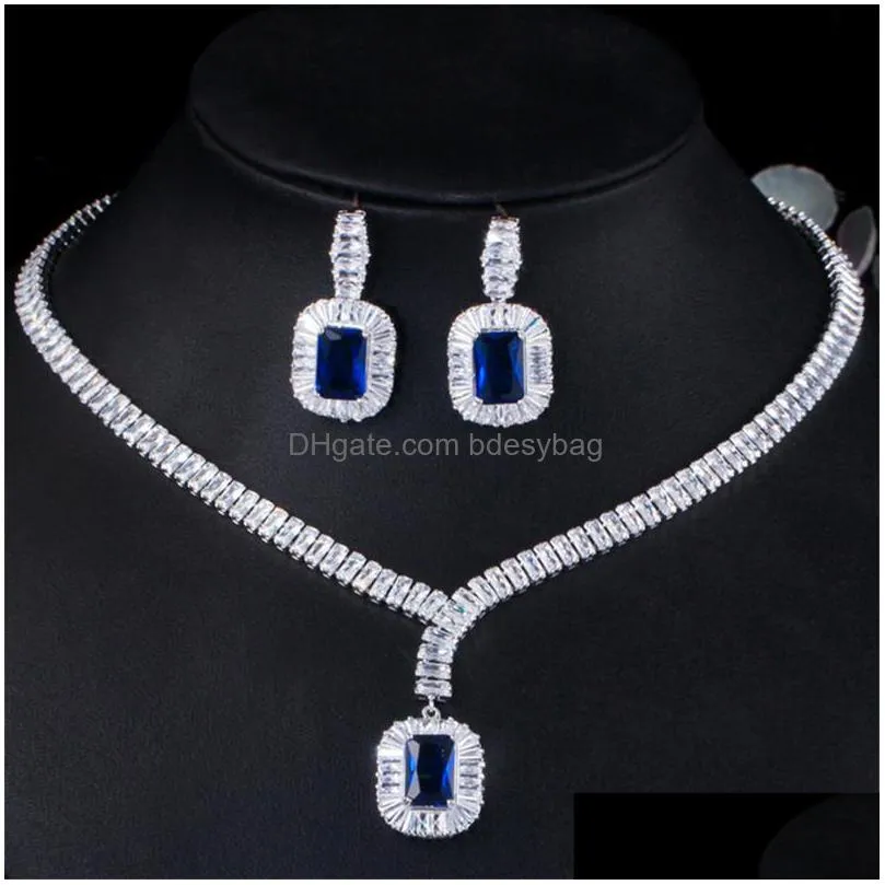 fashion diamond tennis necklace earring designer jewelry set silver bridal african jewelry sets blue white aaa cubic zirconia woman wedding earrings