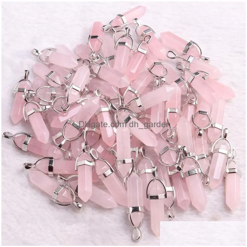 bulk natural stone rose quartz charms pink crystal pendant hexagonal column pendants necklace charms jewelry