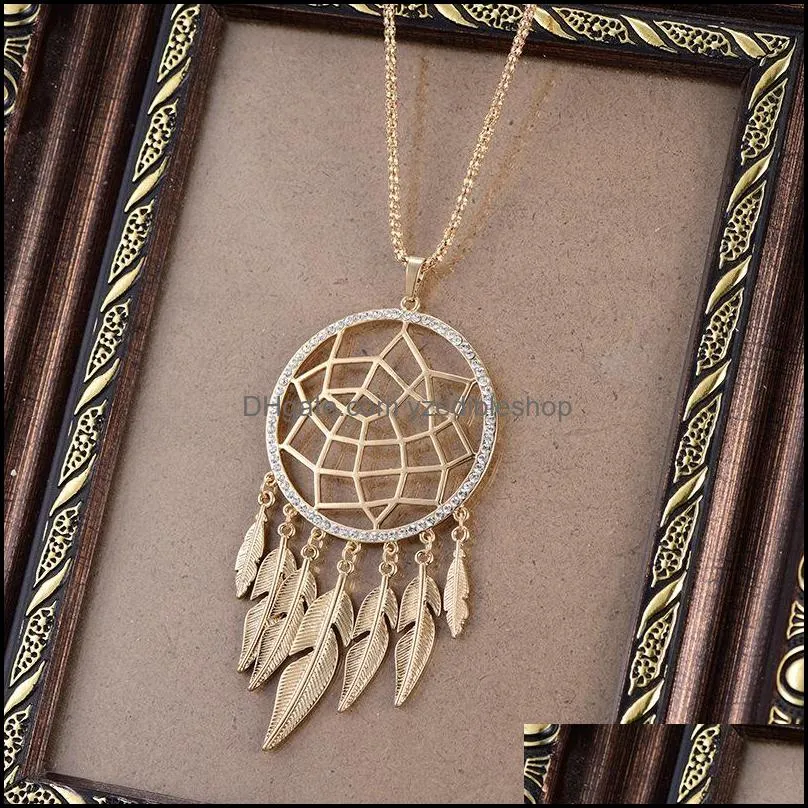 long tassel leaf feather necklace hollow jewelry dream catcher pendant gold color necklace for women gift
