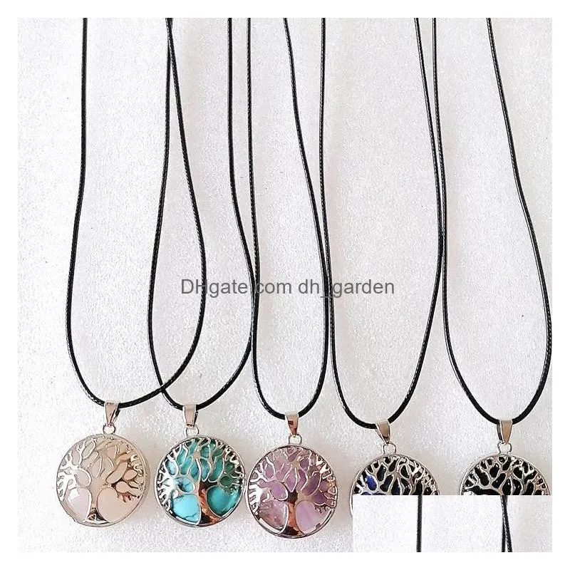 tree of life reiki healing natural stone pendant necklace chakra amethyst pink rose crystal rope chain necklaces women jewelry