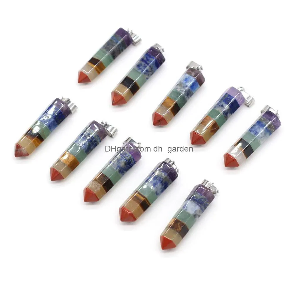 seven chakra faceted hexagonal prism stone charms rainbow quartz healing reiki crystal pendant finding diy necklaces women jewelry