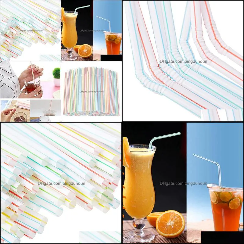 100pcs/lot flexible plastic straws striped multi colored disposable straw 8 inch long