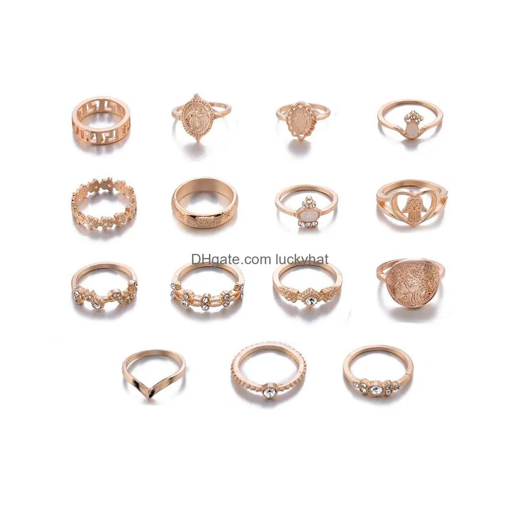 fashion jewelry knuckle ring set gold cross heart fatimas palm stacking rings midi rings sets 15pcs/set