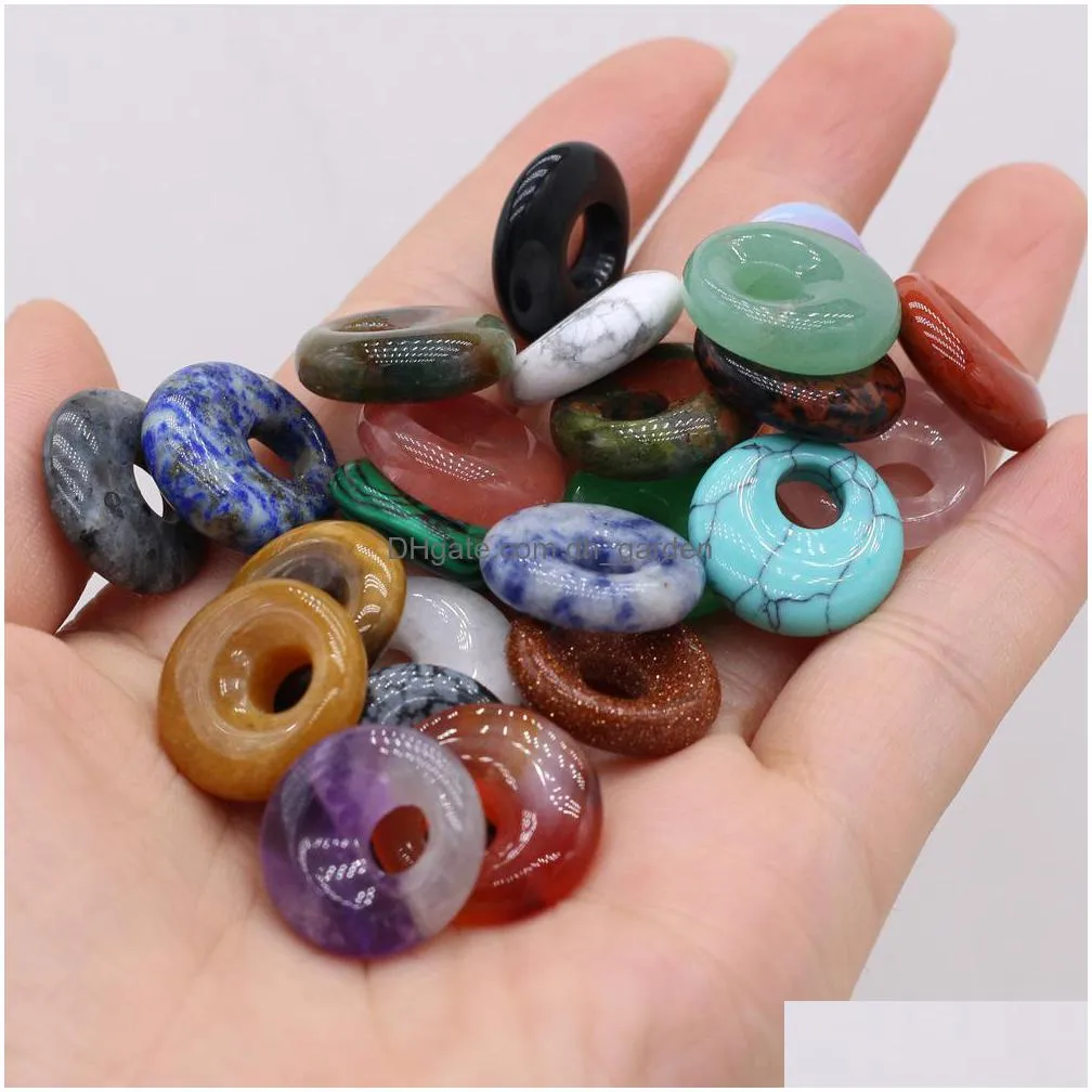 18mm natural semiprecious stone circle buckle charms rose quartz healing reiki crystal pendant diy necklace earrings women fashion jewelry finding 5.5mm