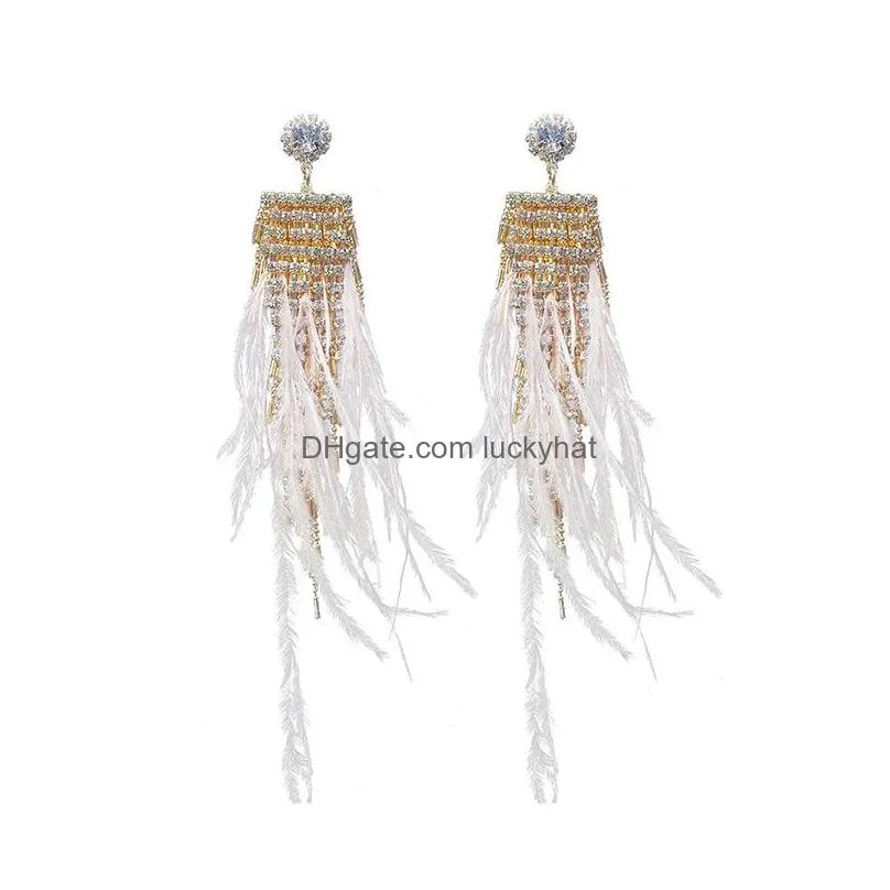 fashion jewelry s925 silver post feather earrings rhisntone feather tassel long dangle stud earrings