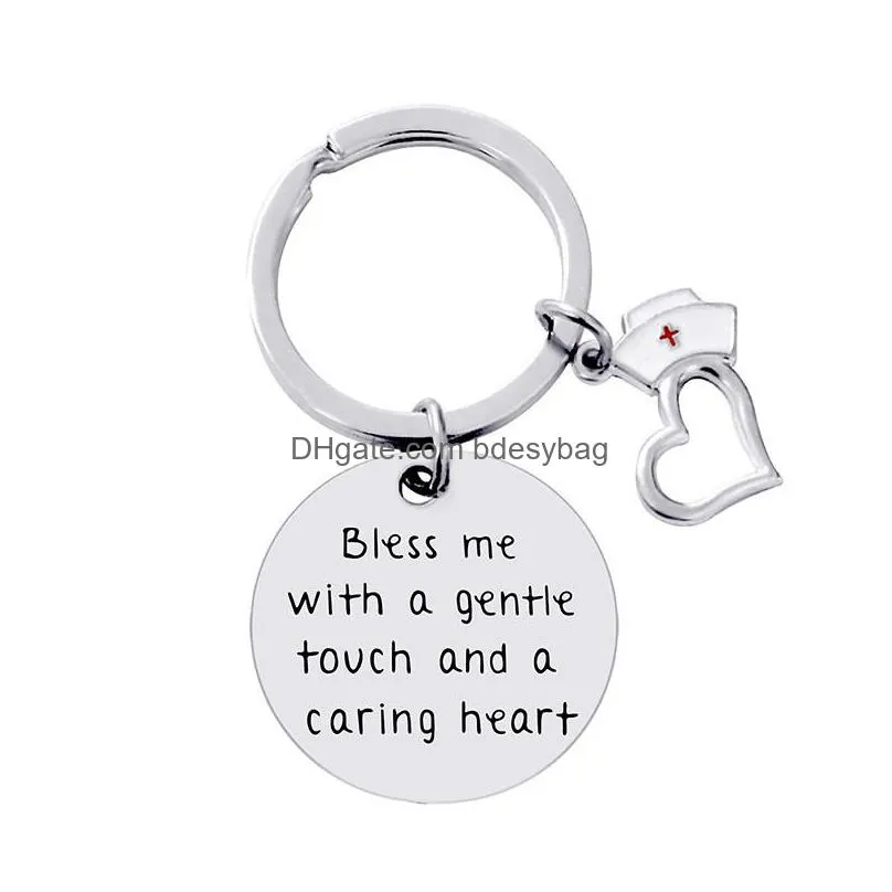 fashion stainless steel letters nurse cap heart round keychains key rings nursing is a work of hearts silver plated car keychain jewelry christmas friend