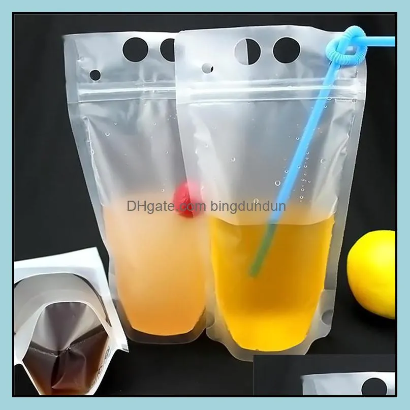 500pcs hot clear drink pouches bags zipper standup plastic drinking bag with straw with holder reclosable heatproof for beverage