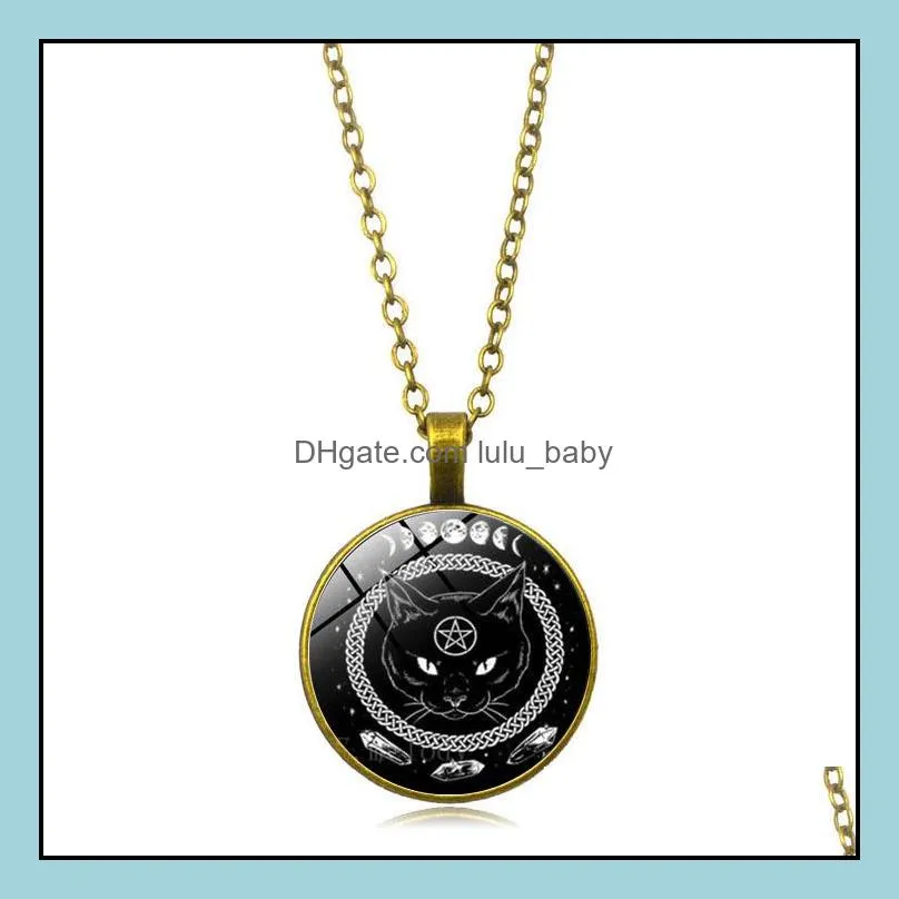 black cat pendant necklace round time pentagram necklaces magic black cat necklace is very cool