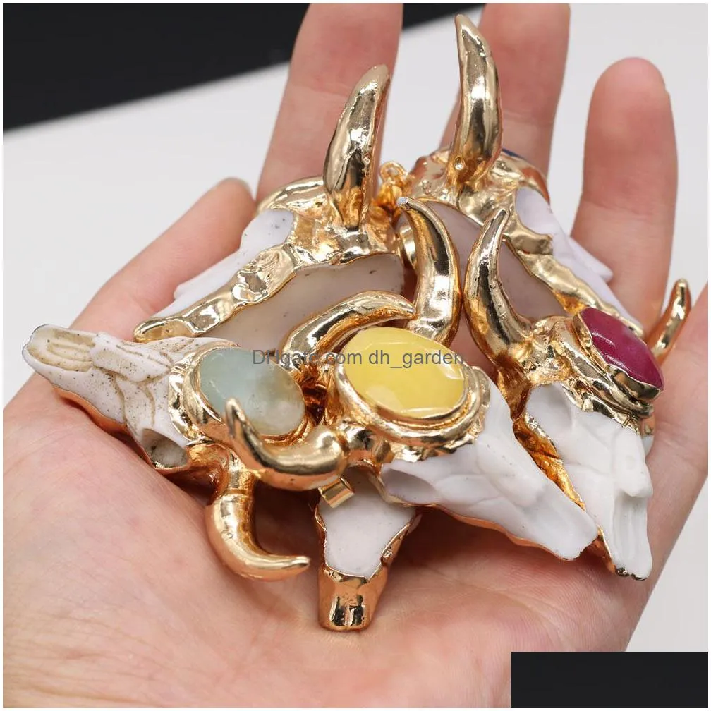 gold ox cow bones head shape quartz healing reiki stone charms crystal pendant finding for diy necklaces women fashion jewelry 46x46mm