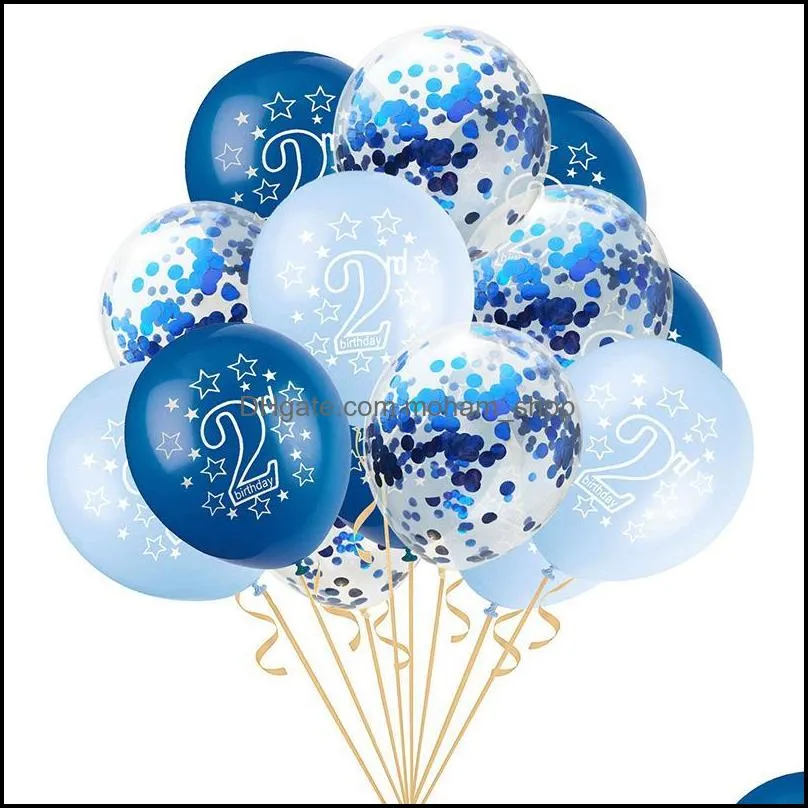 15pcs blue pink 2nd birthday latex balloons 2 year old number balloon kids happy confetti ballons