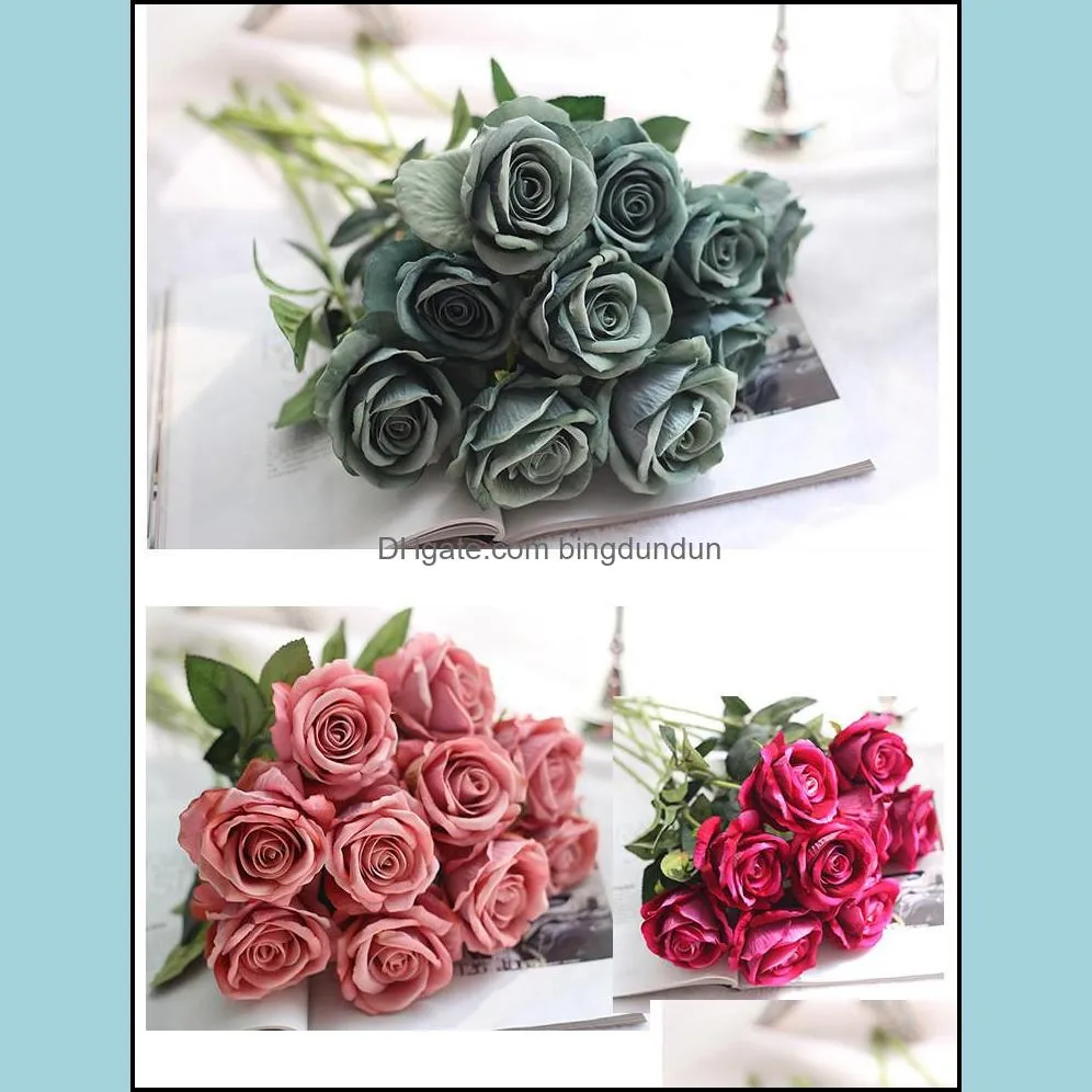 10pcs/lot wedding decorations real touch material artificial flowers rose bouquet home party decoration fake silk single stem flowers