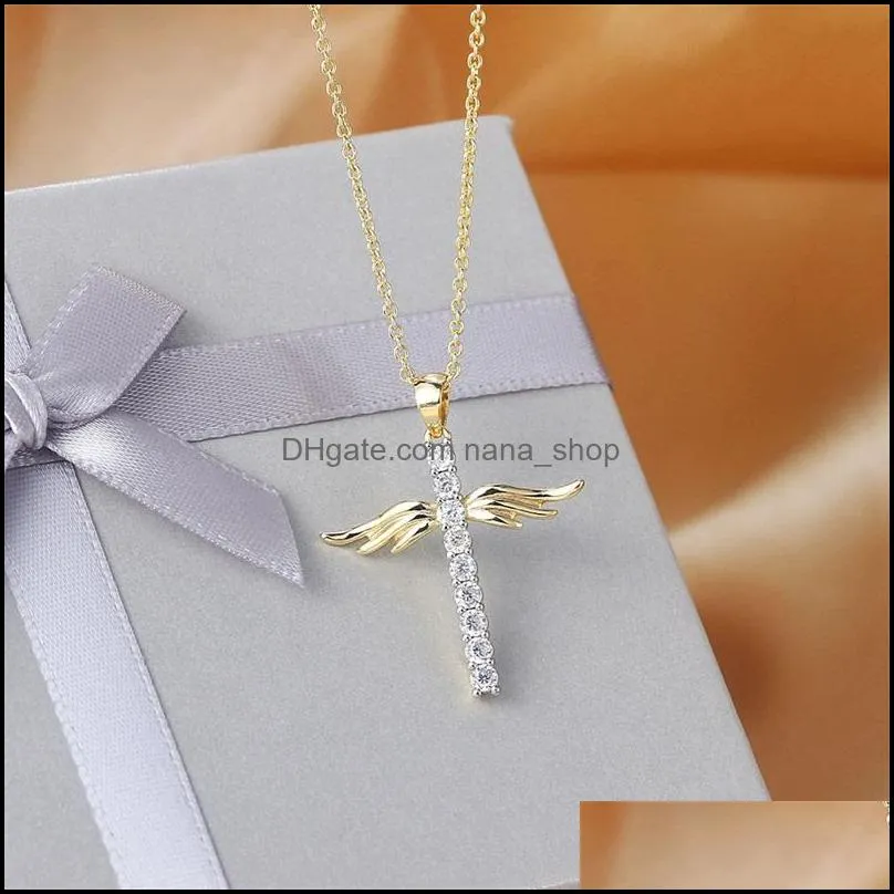 christian prayer angle wing cross necklace 18k gold plated zircon cross necklace for girls c3