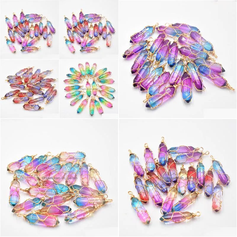 gold wire glass crystal colorful charms hexagonal healing reiki point pendants for jewelry making