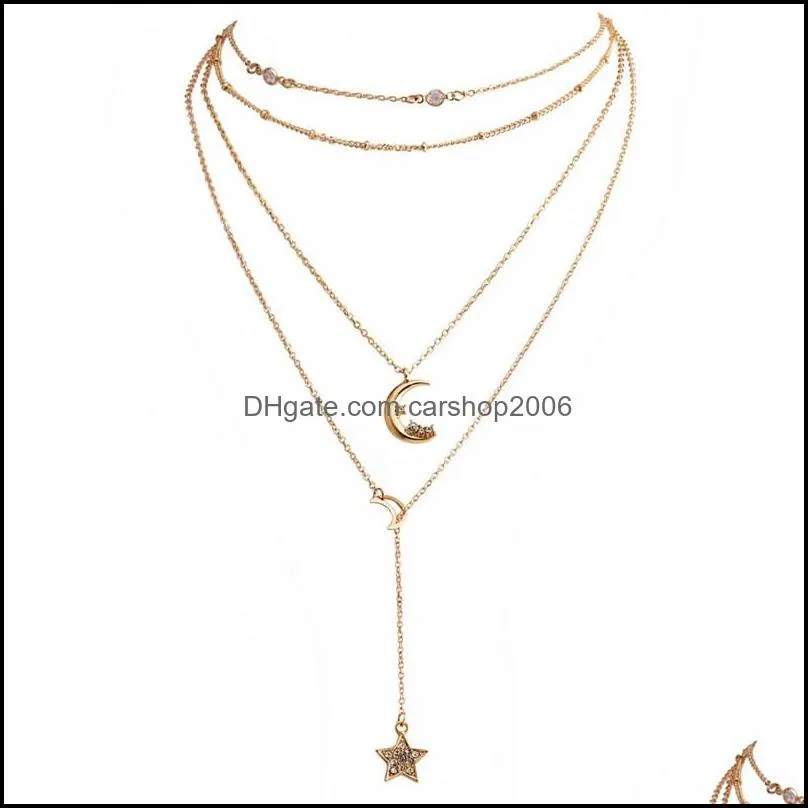 vintage crystal moon star pendant necklace for women beaded multilayer gold color necklaces bohemian party wedding jewelry