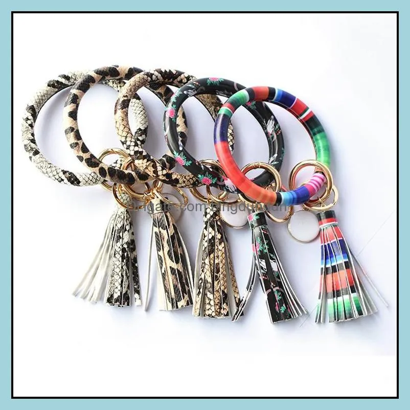 women tassels bracelets pu leather wrap key ring party leopard lily print keychain wristband sunflower drip oil circle bangle chains wristlet keyring for