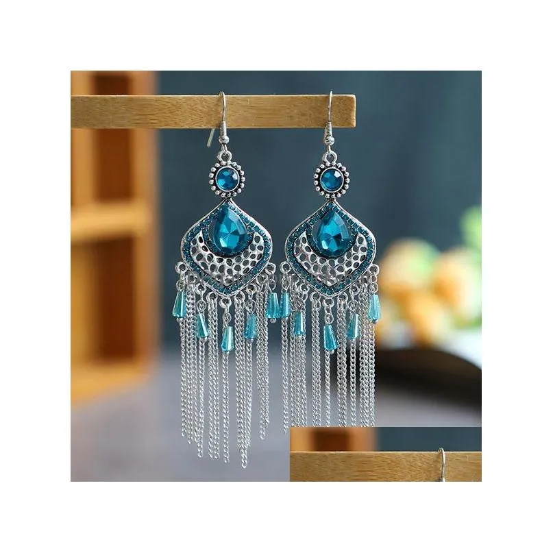 bohemian fashion jewelry retro earrings rhinstone chain tassels dangle earrings