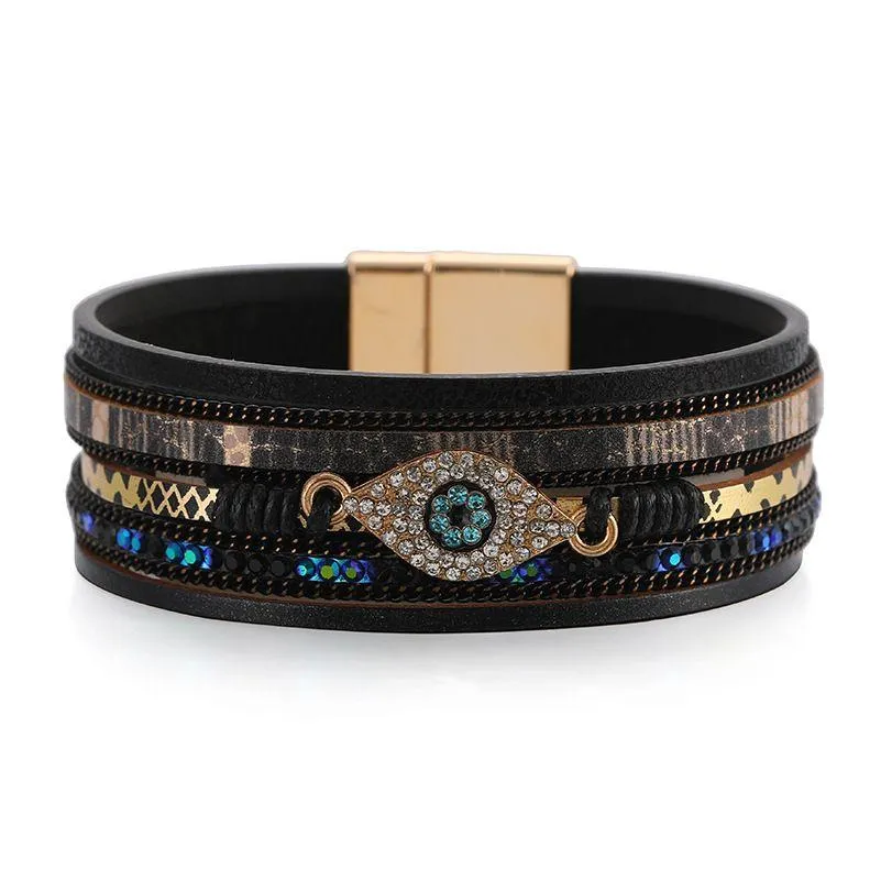 turkey evil eye leather bracelets rhinestone blue eyes multi layer pu leather bracelet