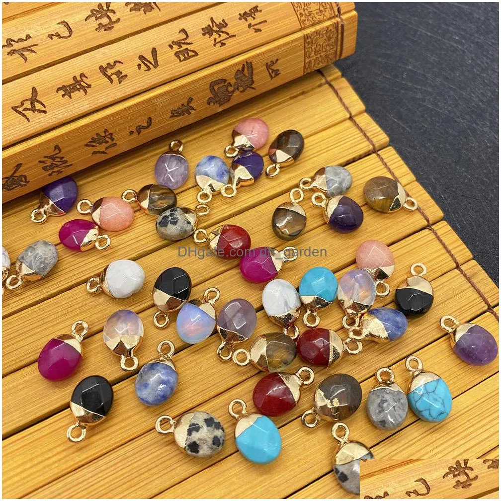 8x14mm gold edge natural crystal oval faceted stone charms rose quartz turquoise pendants trendy for jewelry making wholesale