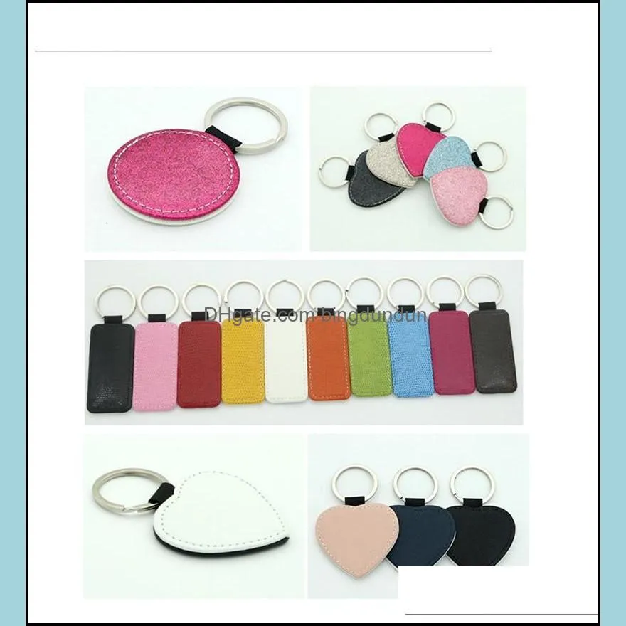 sublimation blank pu leather keychains heart round square rectangle key ring glitter hot transfer printing custom consumables