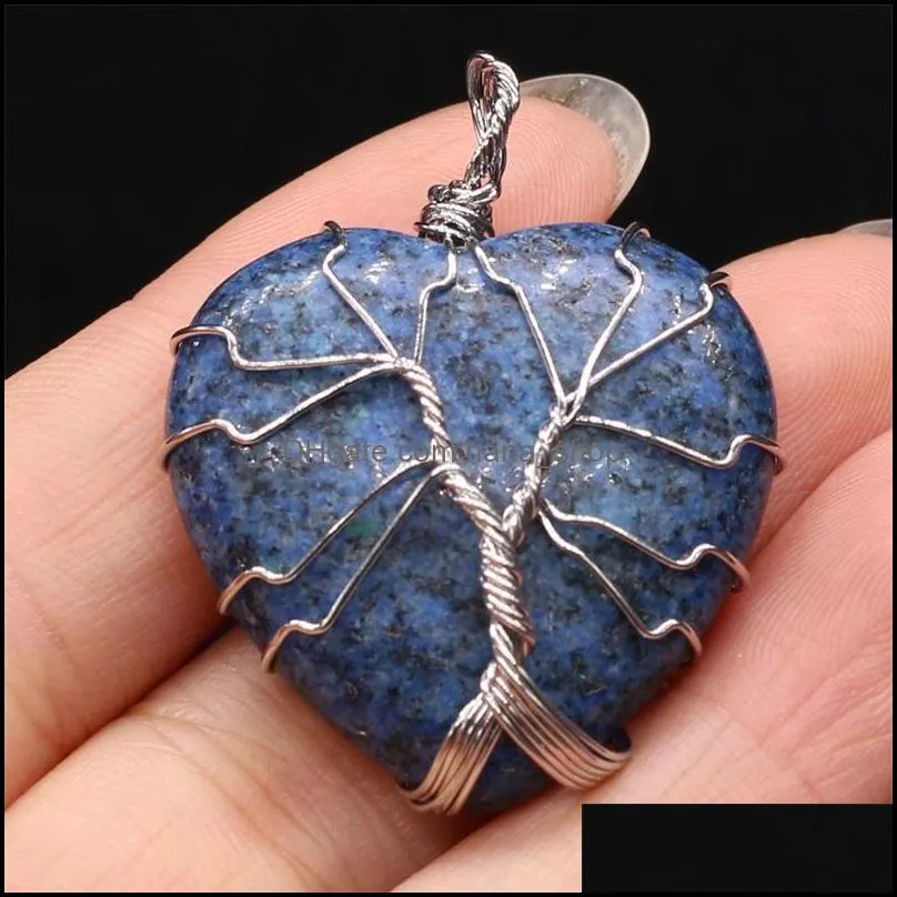 natural stone tree of life wire wrap heart charms quartz crystal pendant diy necklace earrings women fashion jewelry 34 d3