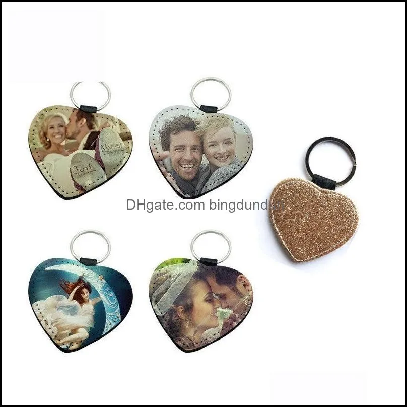 sublimation blank pu leather keychains heart round square rectangle key ring glitter hot transfer printing custom consumables