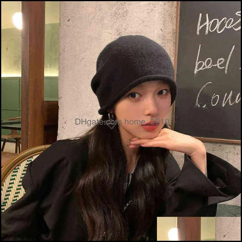 solid color warm knitted hat thicken cycling fur beanies winter soft elastic woman knit bonnet wool acrylic autumn vtmtl1562