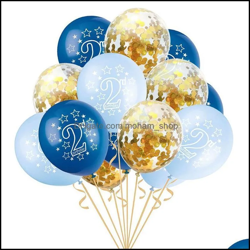 15pcs blue pink 2nd birthday latex balloons 2 year old number balloon kids happy confetti ballons