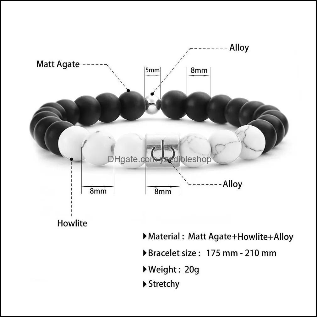 12 zodiac 8mm matte stone white elastic bead bracelets vintage constellation horoscope bracelets jewelry for men women