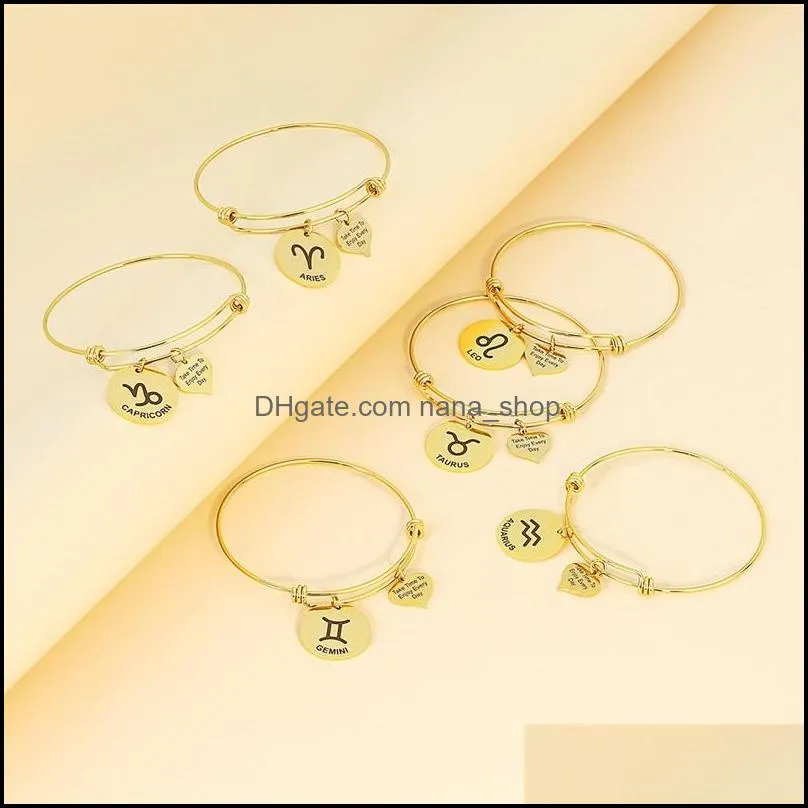 12 constellation zodiac bangle cuff take time enjoy every day letter carved heart coin charm stainless steel adjustable bracelet 3518