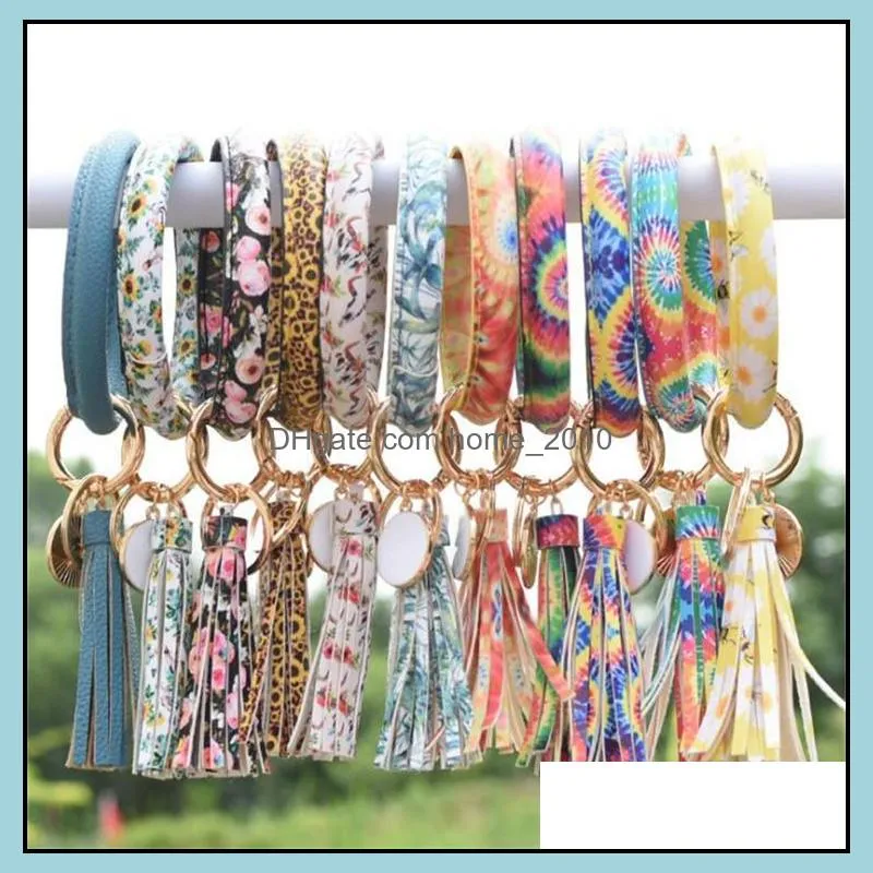 fashion women tassels bracelets bangle pu leather party wrap key ring leopard lily print keychain wristband sunflower drip oil circle keys holder chain