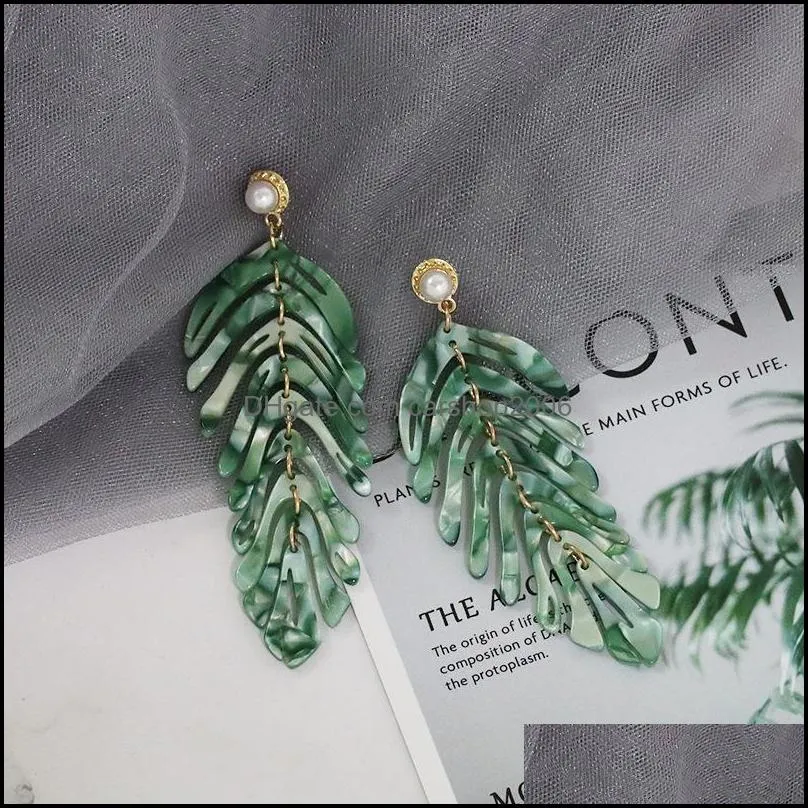  long dangle resin green leaves earrings handmade fashion acrylic dangle earrings with pearl charm for women party jewelry