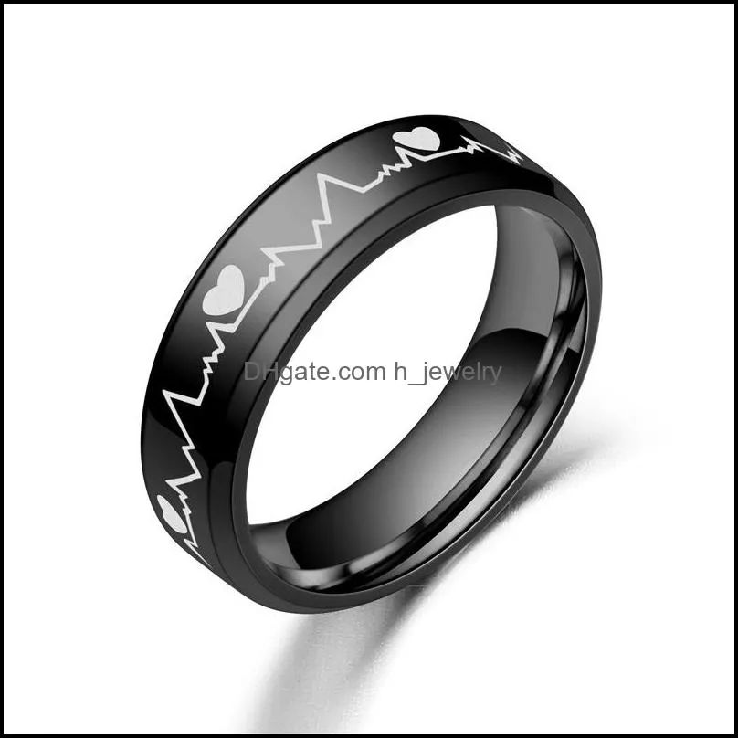 personalized stainless steel band rings high polishing black heartbeat ecg design rings for men wedding gifts 512