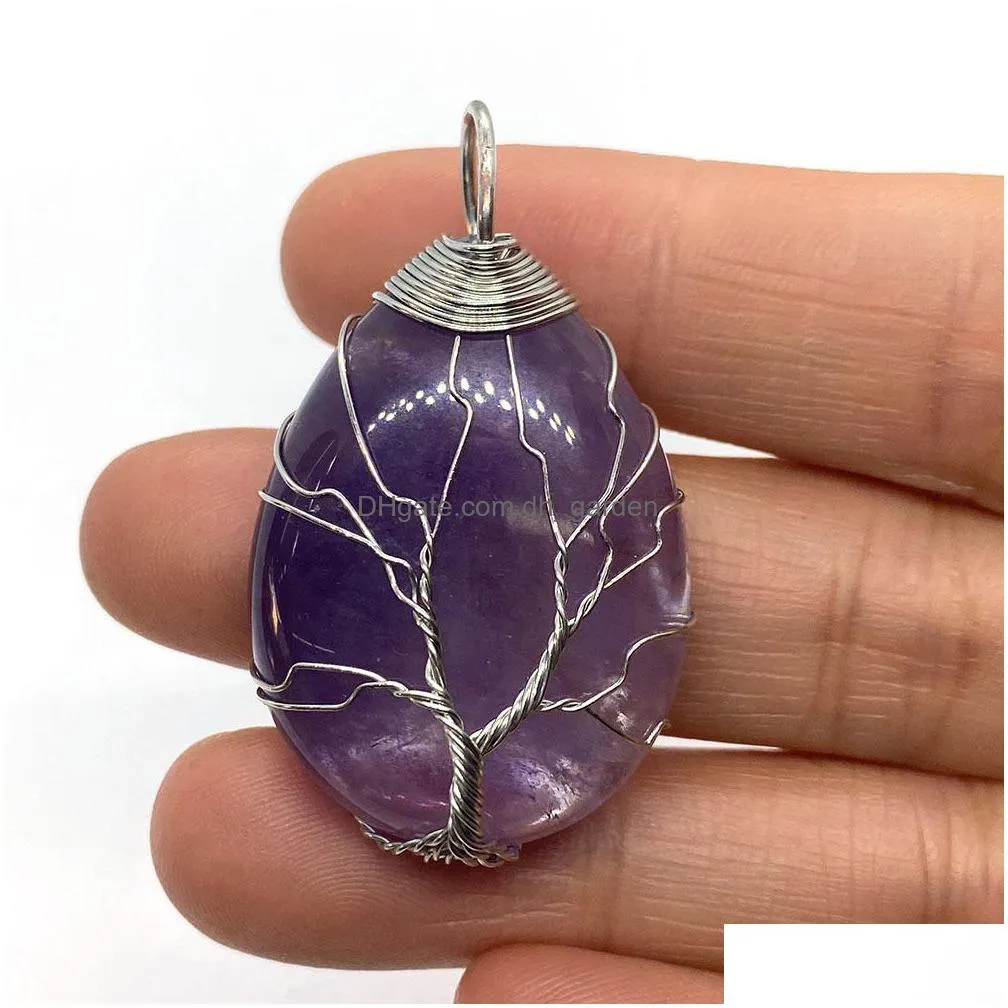 tree wire wrap natural crystal stones charms waterdrop tiger eye black onyx rose quartz stone charm beads pendants for jewelry making