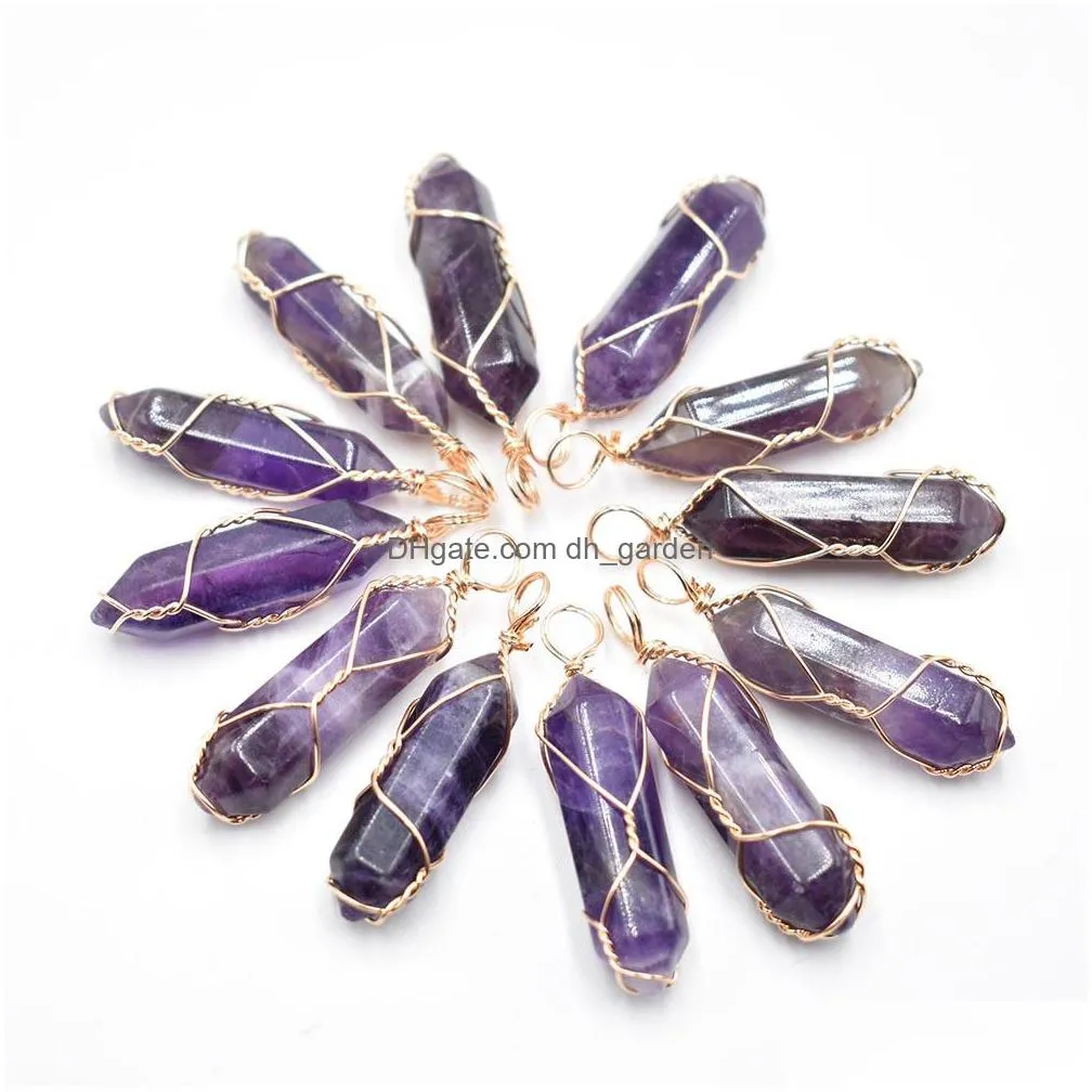 gold wire natural stone black rose quartz amethyst charms hexagonal healing reiki point turquoise pendants for jewelry making