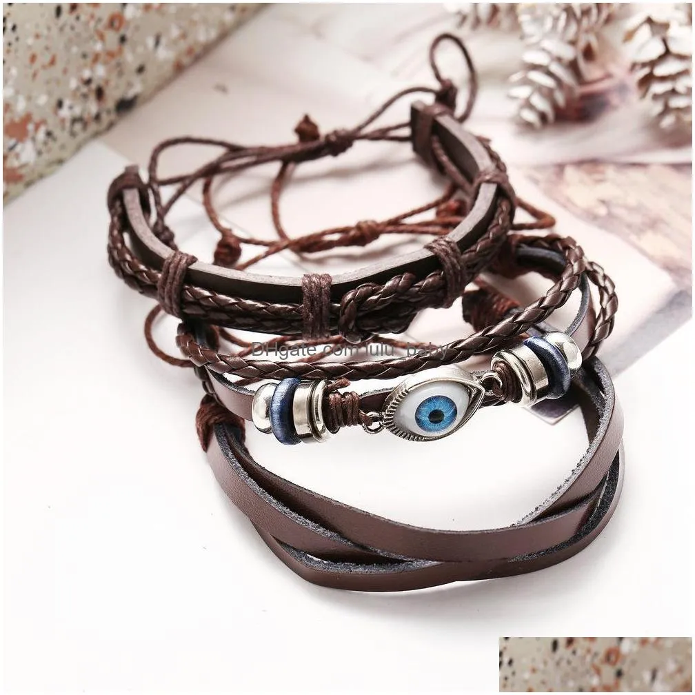 fashion jewelry men leather cord handmade woven bracelet vintage multi layer eye charms bracelet punk leather bracelets