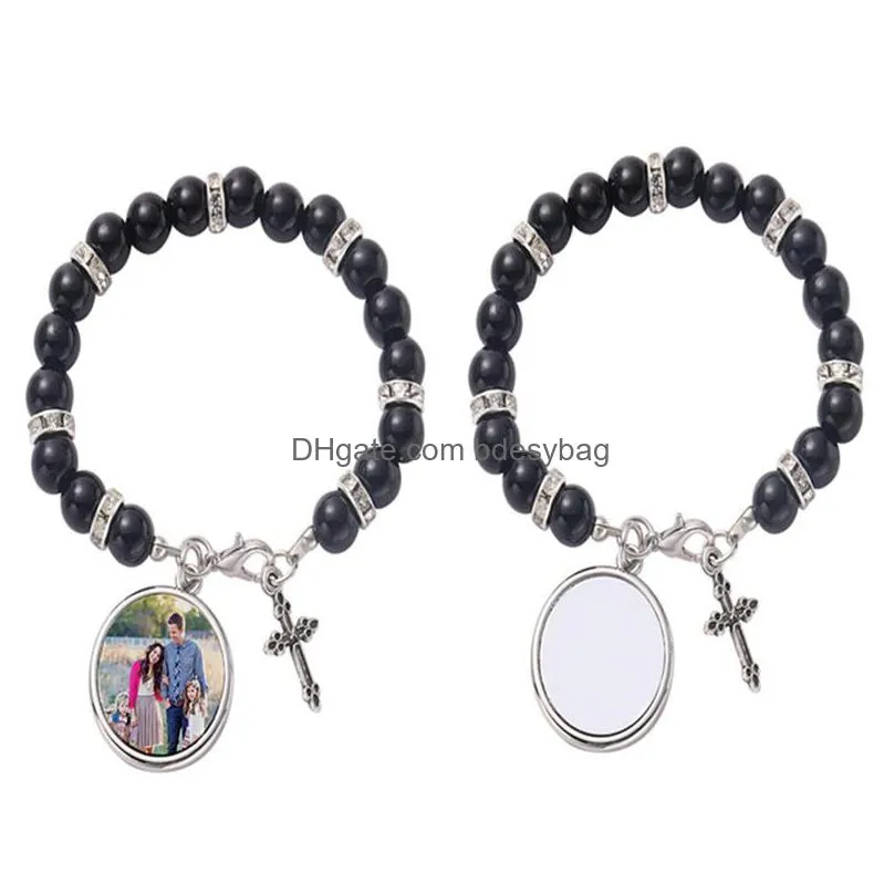 fashion sublimation blank diy round charm beaded cross bracelet transfer printing love mens bracelet for woman thanksgiving valentines day souvenir family