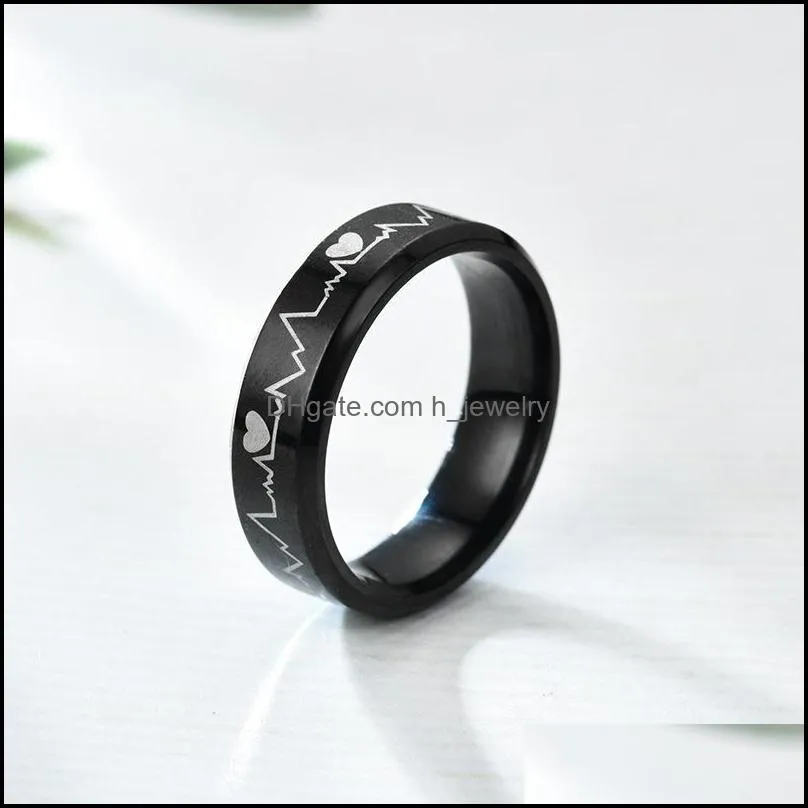 personalized stainless steel band rings high polishing black heartbeat ecg design rings for men wedding gifts 512