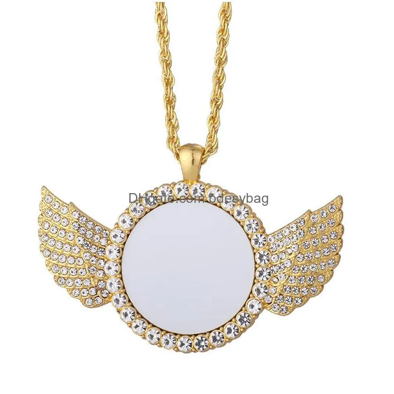 blue wing diy sublimation blank gold necklace designer jewelry mens necklace woman party photo frame silver cross heart rhinestone pendant necklaces lovers