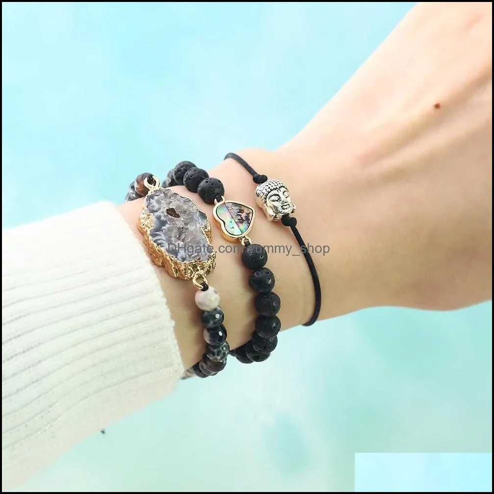 women mencross heart round shape natural abalone shell charm bracelet lava volcanic stone beads braided rope bracelets jewelry friends