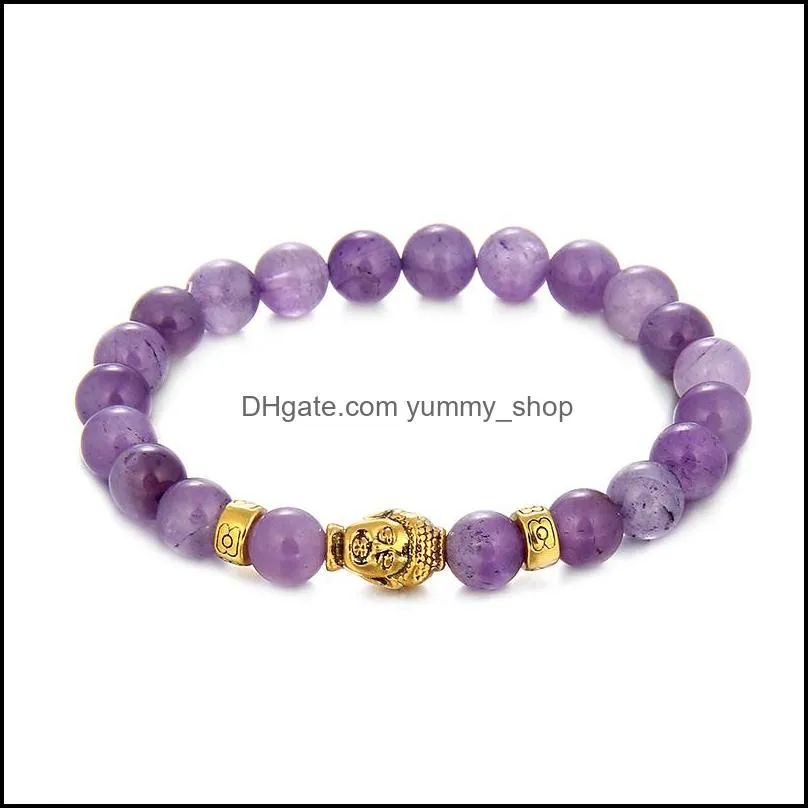 fashion summer love beaded bracelets gold plated buddha head charm with amethyst natural stone beads bracelet for men women jewelr