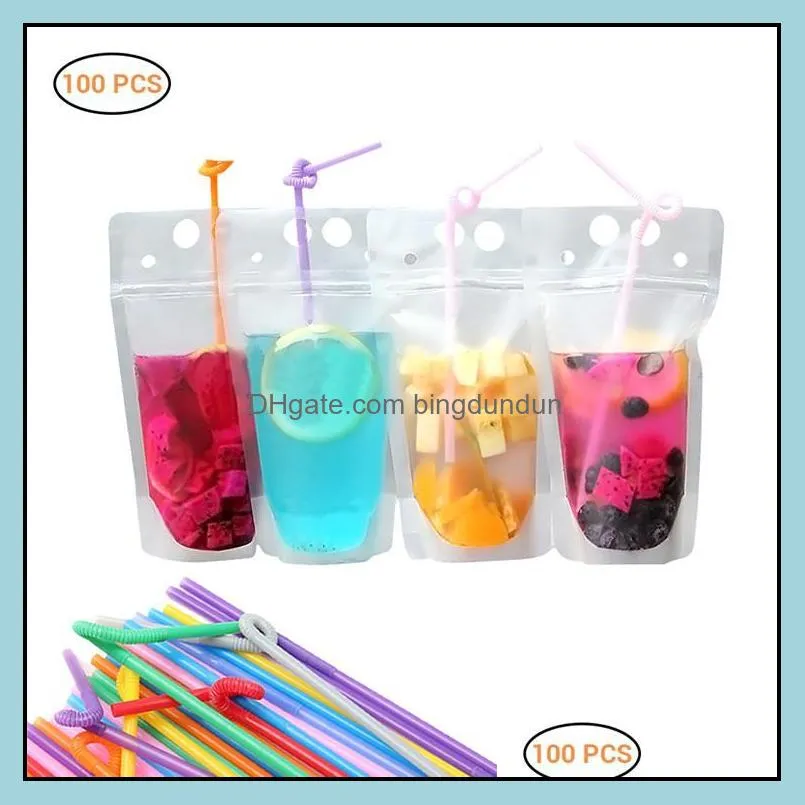 100pcs clear drink pouches bags frosted zipper standup plastic drinking bag with straw with holder reclosable heatproof for liquid