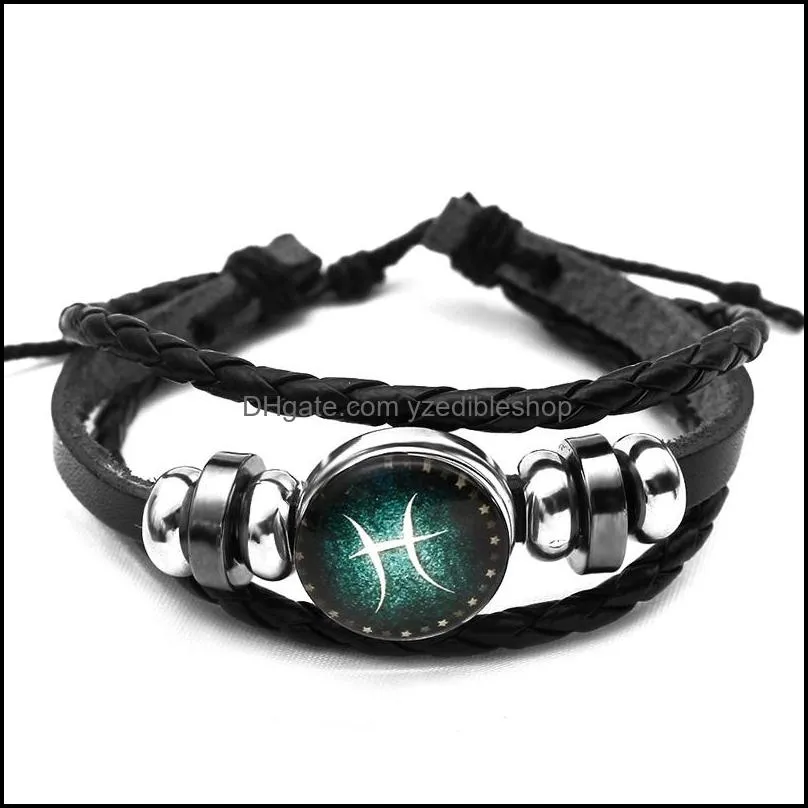 12 constellations multilayer bracelets glow in the dark diy handmade woven pu leather glass buckle zodiac braided bead bracelet lovers