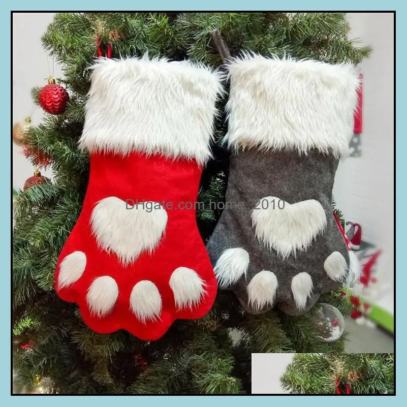 2020 christmas party dog cat paw stocking hanging socks tree ornament decor hosiery plush xmas socks kdis gift candy bag