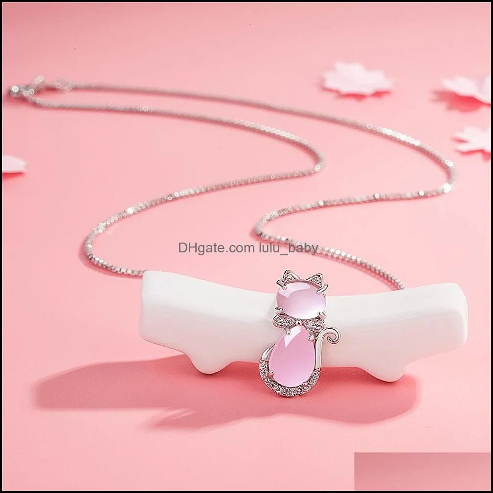 pink crystal cat pendant necklace for women girls fashion rose quartz opal chain necklace shiny rhinestone jewelry silver necklaces