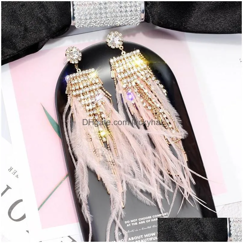 fashion jewelry s925 silver post feather earrings rhisntone feather tassel long dangle stud earrings