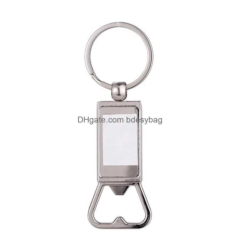 bottle opener keychains thermal transter diy sublimation blank keychain round square photo frame keyring silver plated alloy car key ring souvenir