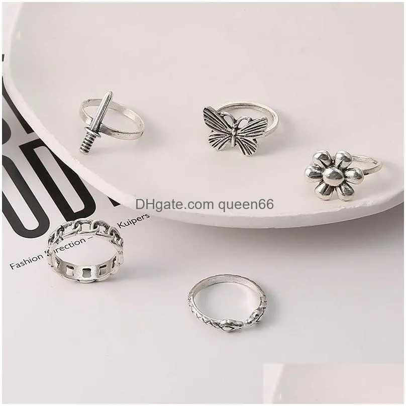 fashion jewelry knuckle ring set silver butterfly flower chain pattern snake sword stacking rings midi rings sets 5pcs/set