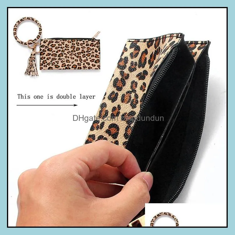 2020 pu bracelet keychain leather wrist key ring round leopard wallet bracelets handbag pendant purse lady clutch bag coin makeup bags